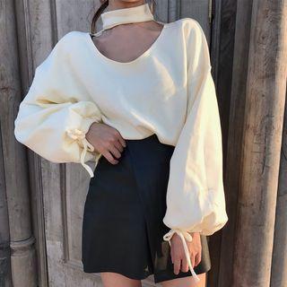 Balloon-sleeve Choker Pullover / Asymmetrical A-line Faux Leather Skirt