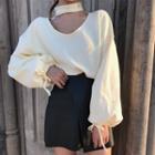 Balloon-sleeve Choker Pullover / Asymmetrical A-line Faux Leather Skirt