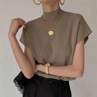 Short-sleeve Semi Turtleneck Plain Ribbed Knit Top