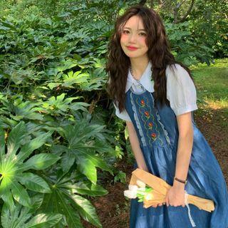 Puff-sleeve Shirt / Denim Midi A-line Overall Dress