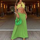Set: Sleeveless One-shoulder Crop Top + Maxi A-line Skirt