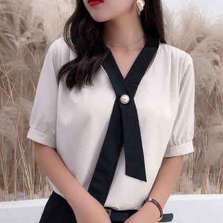 Two Tone Short-sleeve Chiffon Blouse