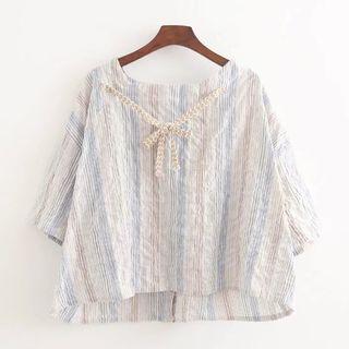 Striped Elbow-sleeve Cropped Top