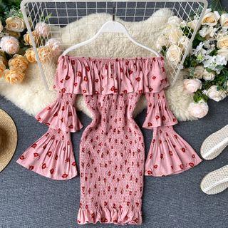 Off-shoulder Floral Long-sleeve Sheath Dress Pink - One Size