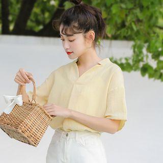 Split-neck Short-sleeve Shirt Yellow - One Size