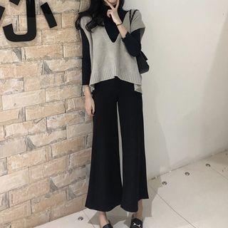 Mock Turtleneck Long-sleeve Top / Knit Vest / Wide Leg Pants