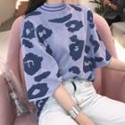 Elbow-sleeve Pattern Knit Top Purple - One Size