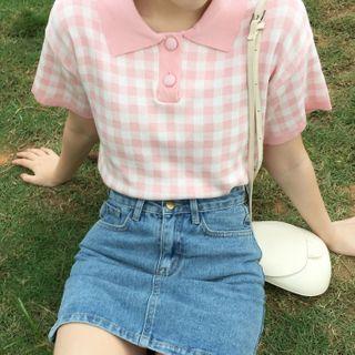 Gingham Polo-neck Elbow-sleeve Knit Top