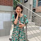 Balloon-sleeve Patterned Maxi Dress