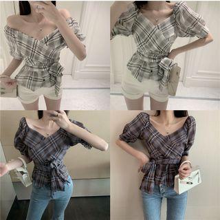 Tie-waist V-neck Gingham Blouse