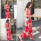 Spaghetti Strap Floral Jumpsuit Red - One Size