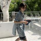 Short-sleeve Slit-side Shirt Blue - One Size