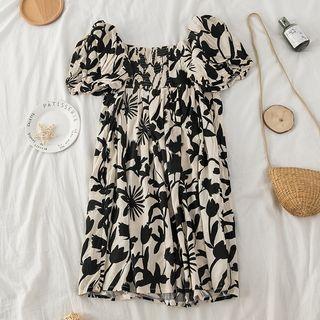 Square Neck Puff Sleeve Flower Print A-line Dress Black & White - One Size