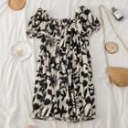 Square Neck Puff Sleeve Flower Print A-line Dress Black & White - One Size