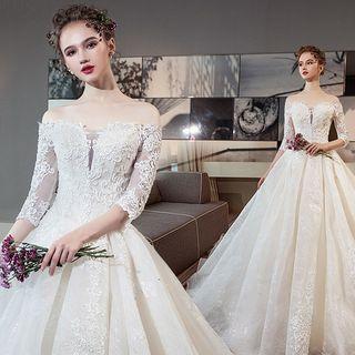 Off Shoulder Elbow Sleeve Bridal Gown