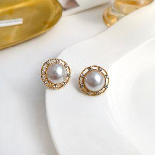 Rhinestone Faux Pearl Drop Earring 1 Pair - Off-white & Gold - One Size