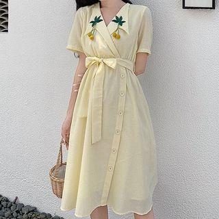 Embroidered Short-sleeve Midi Shirt Dress