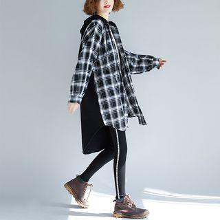 Plaid Hooded Long Shirt Plaid - Black - One Size