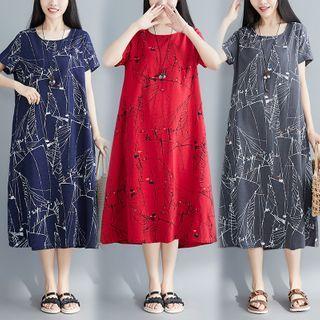 Short-sleeve All-over Print A-line Midi Dress