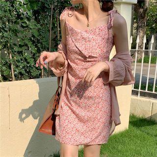 Spaghetti Strap Floral Print Mini Sheath Dress / Light Jacket