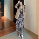 Plain Long-sleeve Blazer / Printed Leopard Sleeveless Dress