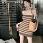 Halter Striped Mini Bodycon Dress Coffee & Brown - One Size