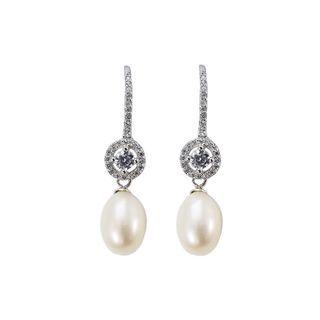 Sterling Silver Fashion And Elegant Geometric Round Freshwater Pearl Earrings With Cubic Zirconia Silver - One Size