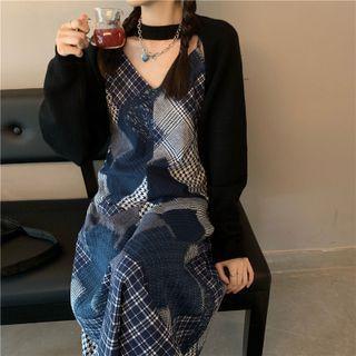Spaghetti Strap Patchwork Midi A-line Dress / Shrug