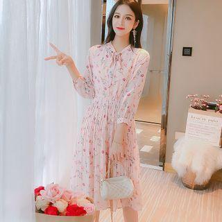 3/4-sleeve Floral Print Pleated Dress