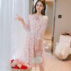 3/4-sleeve Floral Print Pleated Dress