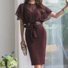 Cape-sleeve Chiffon Paneled Sheath Dress