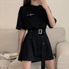 Short--sleeve Belted A-line Dress
