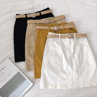 Plain High-waist Double-pocket Skirt With Belt