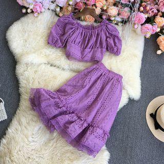 Set: Puff-sleeve Eyelet Cropped Blouse + Ruffle Hem A-line Skirt