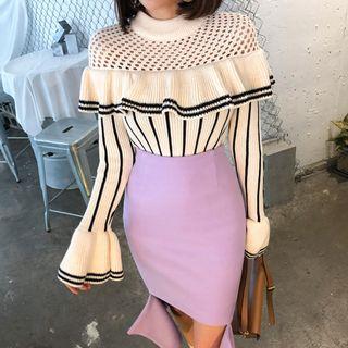 Net-yoke Ruffled Stripe Knit Top