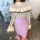Net-yoke Ruffled Stripe Knit Top