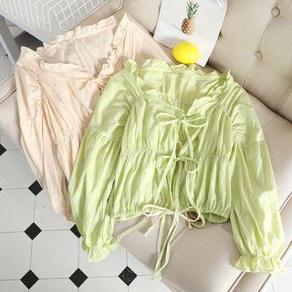 Flower Trim Bow Ruched Shirt