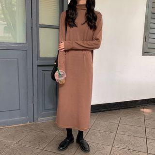 Plain Mock Turtleneck Long-sleeve Midi Dress