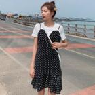 Set: Short-sleeve T-shirt + Spaghetti Strap Dotted A-line Dress