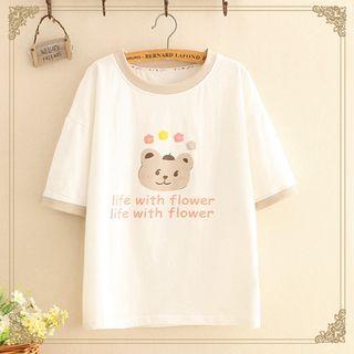 Contrast-trim Bear Print Short-sleeve Top
