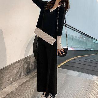 Set: Color Block Sweater + Wide-leg Pants Black - One Size