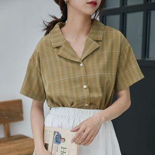 Short-sleeve V-neck Plaid Shirt
