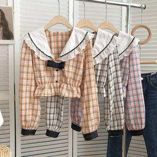 Long-sleeve Sailor Collar Plaid Crop Top