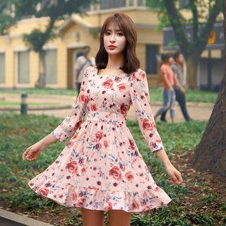 Flower Print 3/4-sleeve A-line Mini Dress