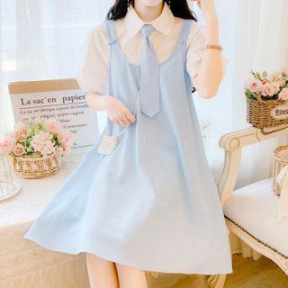 Set: Short-sleeve Tie-neck Shirt + Mini A-line Pinafore Dress