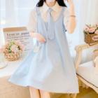 Set: Short-sleeve Tie-neck Shirt + Mini A-line Pinafore Dress