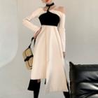 Two-tone Asymmetrical Cold-shoulder Midi A-line Dress