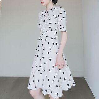 Short Sleeve Dotted Print Chiffon Dress