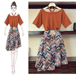 Set: Elbow-sleeve T-shirt + Corset Waist Asymmetric Patterned A-line Skirt
