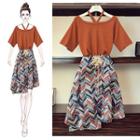 Set: Elbow-sleeve T-shirt + Corset Waist Asymmetric Patterned A-line Skirt